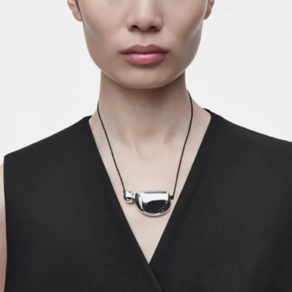 NWT COS Leather Cord -Plated Pendant Necklace Silver